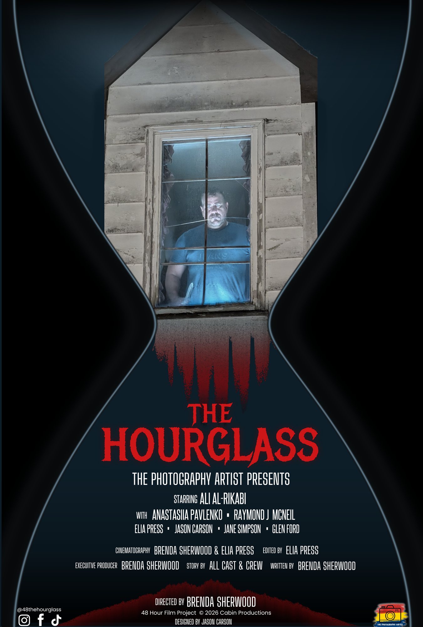 The Hourglass official poster: a figure in a lit window framed by an hourglass, with the red title and credits